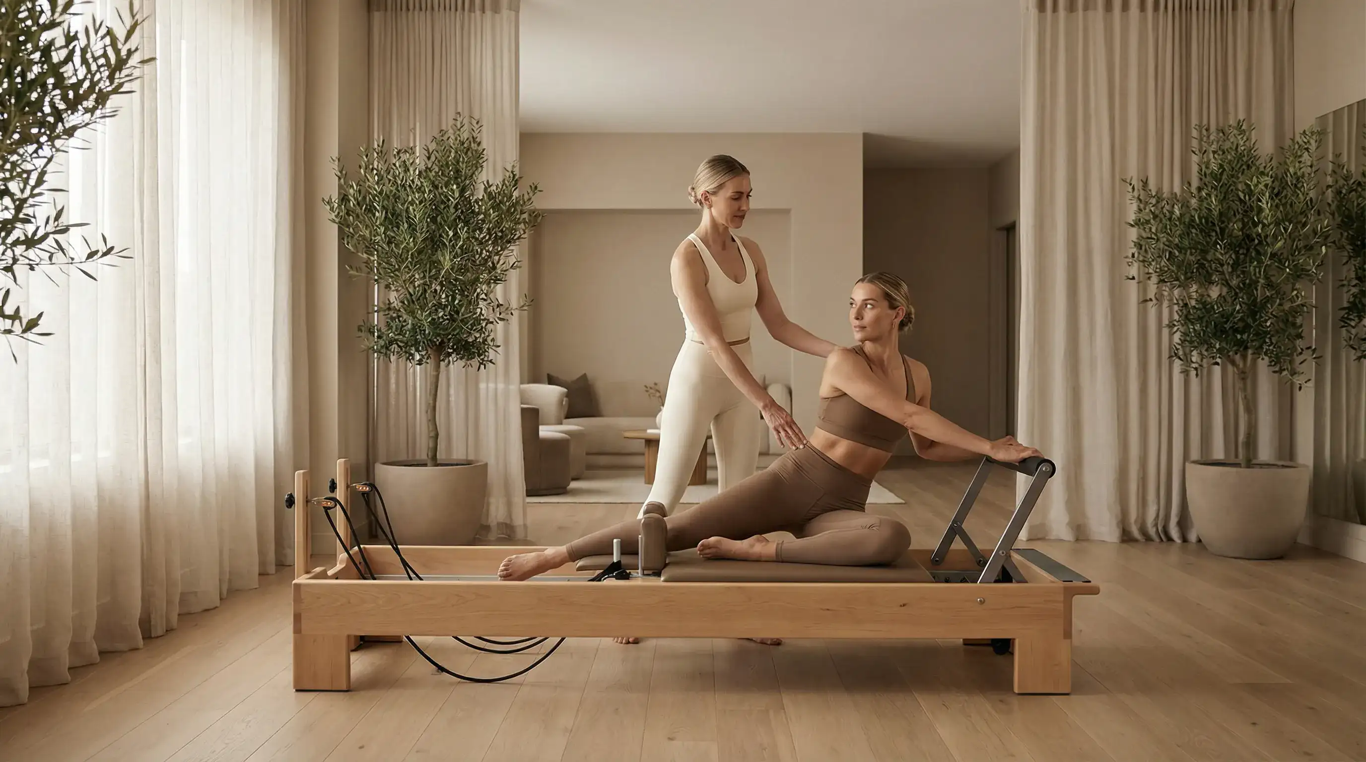 Coach expert accompagnant un client sur un Reformer Pilates